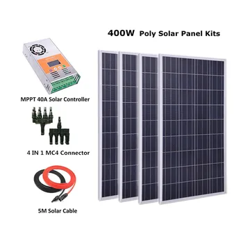 400W Off Grid Kompletný Solárny Panel Systémy s 4pcs 100w polykryštalických solárnych panelov, 40A MPPT Solárny regulátor nabíjania