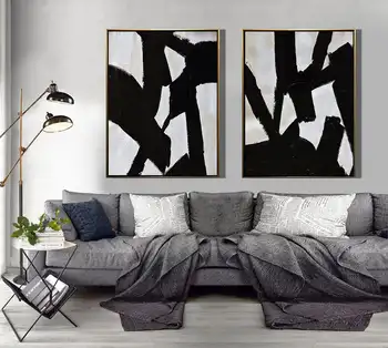 Sada 2 Abstraktné Maliarske Plátno Umenie Geometrické Wall Art Čierna Biela Maľba na Plátno Veľké Plátno Umenie Set Dvoch Stenu Decor