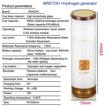 Nabíjateľná Vodík Voda Generátor Sklenené Fľaše MRETOH 7.8 Hz Dve-In-One DuPont SPE Elektrolýza Čistý H2 Ionizátor Zlepšenie Spánku