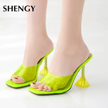 SHENGY 2020 Letné Módy Sexy PVC Papuče, Sandále Otvorené Prst Tenké Päty Ženy Vysokým Podpätkom Pošmyknúť na Topánky dámske Papuče Čerpadlá