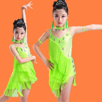 Nové Dievčatá Latinskej Tanečných Kostýmov Zobraziť Sukne Súťaže Kostýmy Školenia Nosiť Fringe Žiarivé Diamanty Kostýmy
