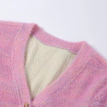 Ženy Jeseň Dlhý Rukáv Pletený Sveter Tvaru Single-Breasted Tlačidlá Sveter Kabát Sladké Ružové Slim Fit Fuzzy Orezať Začiatok