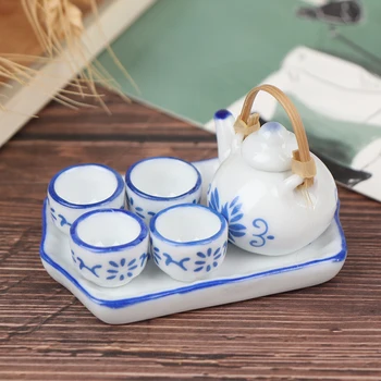 Nové 6Pcs domček pre bábiky Miniatúrne Jedálenský Riad Modrého Porcelánu Čaj Nastaviť Parabolu Pohár Doska Čína Keramické Čaj Nastaviť Bábiky Dom