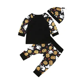 Baby Boy Halloween Oblečenie Black 3ks Oblečenia Dlhý Rukáv T Shirt Tekvica Elf Tlač Nohavice, Klobúky, Odevy Nové Oblečenie 0-24M