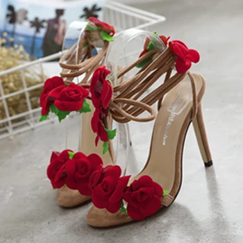 Dámske Sandále 2020 Letné Sandále Ruže Kvet Kríž Viazaná Vysoké Podpätky Pláži Zapatos Mujer Topánky Femme Sandalias