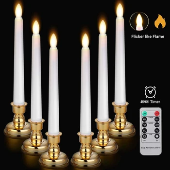 6 Pack LED Okne Sviečky s Vymeniteľné svietniky Prevádzkované Flameless Taper Sviečky s Diaľkovým Časovača(Gold Base)