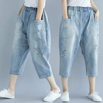 Nový štýl big veľkosť príčinné teľa-dĺžky džínsy, nohavice, s otvorom & neforemné nohavice& elastický pás voľný čas,yz0035