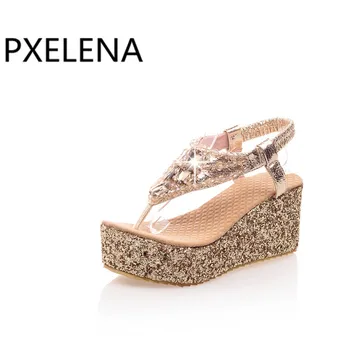 PXELENA Plus veľkosť 34-43 dámske topánky Klin Vysoké podpätky Sandále na platforme Drahokamu Letné sandále pre ženy Móda Zlato, Striebro