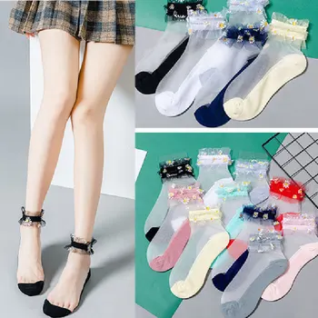 Nová Loď Focks Transparentné Členkové Ponožky Rozstrapatené Elastické Kvetinový Ponožky Čipky Crystal Kvet Hodvábnej Ponožky Dievčatá Ultra Tenké Krátke Ponožky