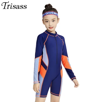 Trisass Profesionálnych Športových Dlhý Rukáv jednodielne plavky Pre Dievčatá Plus Veľkosť detské Plavky, Krátke Nohavice detské Plavky