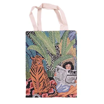 Móda Opakovane Nákupní Taška Výšivky Žakárové Plátno Nákupní Taška Veľké Tote Bag Unisex Tiger Girl 2pk Predávať Plátno Tote Bag