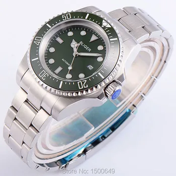 BLIGER 43mm Veľká zelená Keramická Fazeta Dátum Deň zelená dial Oceľové pásy automatické pánske hodinky