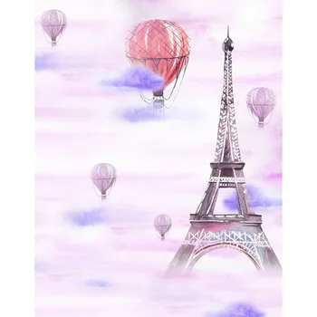 Pastelové Fialová Mraky Teplovzdušný Balón Pozadie Vytlačené Eiffelova Veža Novorodenca Sprcha Rekvizity Deti Dievča Narodeninovej Party Pozadí