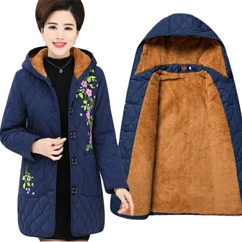Zimné Bundy Kabáty Ženy Plus Velvet Fashion Výšivky s Kapucňou Teple Bavlna-čalúnená Vetrovka v Strednom veku Matky Kabát Plus Veľkosť 5XL