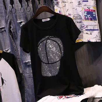 Dámske Krátky Rukáv Klobúk Vŕtanie T-shirt Lete Punk Pevné Diamond Topy Tees Plus Veľkosť Tričká Bežné Harajuku T-shirts T011