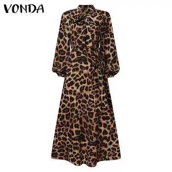 Elegantné Ženy Dlhý Rukáv Šaty Práce Leopard Tlač Tričko Šaty 2021 VONDA Dlho Maxi Skladaný Vestido Plus Veľkosť Oblečenie Femme S-5XL