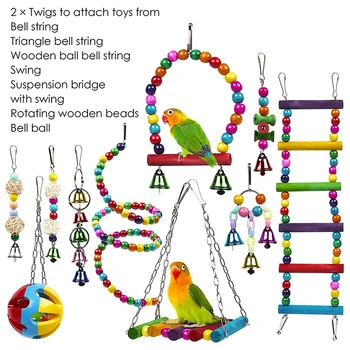 10 Pack Vtáčie Klietky, Hračky pre Papagáje Spoľahlivý a Žuvacie - Swing Visí Žuvanie Skus Most Drevené Korálky Guľa Bell Hračky.