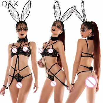 YQ75 M-2XL 2020 Hot Predaj Online Sexy Dospelých Úlohu Hrať Bunny Bielizeň Kostým Ženy Páska Čierna Čipka Tri Miesta Kostým Bunny