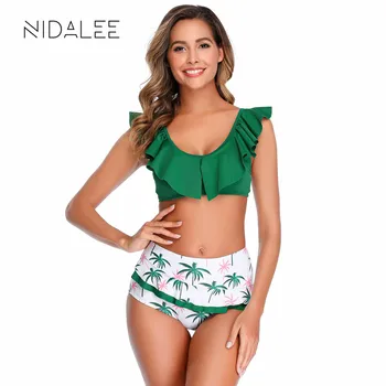 Nové 2021 Split Prite Bikins Sexy Vysoký Pás Plavky Brazília Hot Predaj dámske Plavky Lotus Leaf Bikini Set Pláž Nosiť