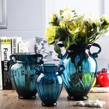 Európa sklenené vázy Binaural modrá vázy stola obývacia izba Hydroponics Kvet usporiadanie nádoby domov dekoratívne vázy