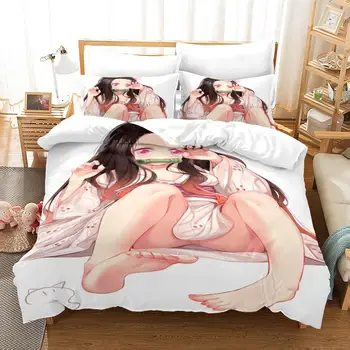 3D Anime Démon Vrah posteľná bielizeň Set Prikrývka Perinu obliečky na Vankúše Posteľná Bielizeň Súbor 2-3KS Kamado Nezuko Tanjirou Kisatsutai