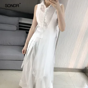 SONDR Nepravidelný oka patchwork stojan golier, kravatu pás chudnutie biele tričko ženy 2019 letné šaty nové
