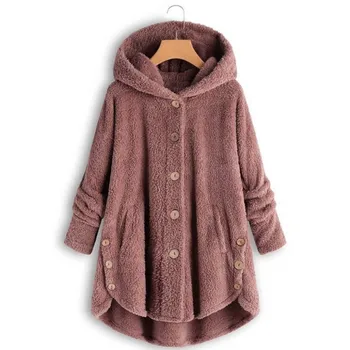 Zimné Kabáty S Kapucňou Fleece Načechraný Tlačidlo Teplé Čalúnená Bunda Ženy Bežné Vrecko Singel Svojim Pevné Parkas Outwear Plus Veľkosť