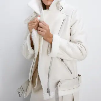 2021 Zimné Kabáty Ženy Hrubé Faux Kožené Ovčej Kožušiny Kabát Žena Kožušiny, Kožená Bunda Letec Bunda Casaco