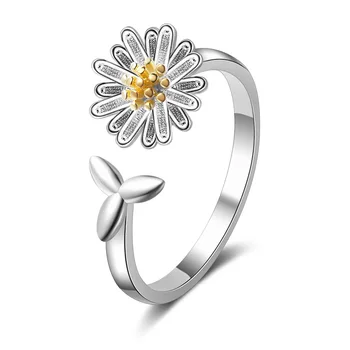 925 Sterling Silver Daisy Kvet Zlaté Rastlín Nastaviteľný Krúžok Pre Ženy, Jednoduché Listy, Elegantná Malé Darčeky, Šperky