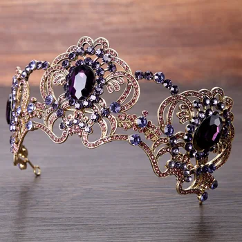 Luxusné Šperky Pruple Drahokamu Kráľovná Koruny Tiaras Princezná Koruny Headdress Svadobné Svadobné Zlato Tiara Koruny Vlasy Príslušenstvo