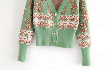 Jeseň Zima Nové 2020 Japonský Vintage Zelená tvaru Krátky Pletený Sveter Módne Slim Žakárové Sveter Kabát Topy Pre Ženy