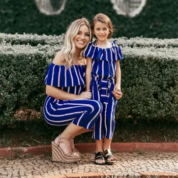 Mama a dcéra Šaty Rodiny Zodpovedajúce Oblečenie Baby Girl Letné Oblečenie F Modrým Pruhom Playsuit Matka, Dcéra Oblečenie