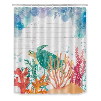 Coral Sea Turtle Tlač Nepremokavé Sprchový Záves Textílie Rustikálne Drevené Dosky Vaňa Opony Kúpeľňa Záclony Vaňou Príslušenstvo