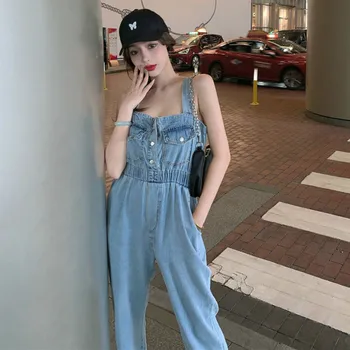 Kombinézach Ženy Vintage Podväzkové Elastický Pás Dámy Denim Jumpsuit Lete Full-dĺžka Elegantné kórejský Trendy Teens Streetwear