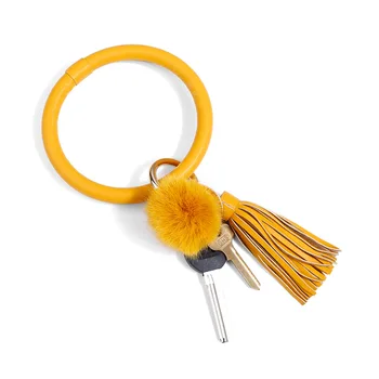 Lemovaný Náramok Keychain Kruhu PU Kožené Hairball Náramok Keyring Prívesok Strapec Auto keychain Ženy Kabelka Jeweley
