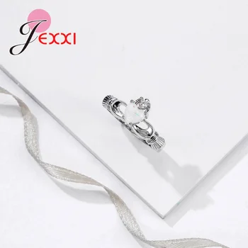 Pôvodné 925 Sterling Silver Dizajn Strane Držiaka Krásne Srdce Biele Kamene Opál Prstene Pre Ženy Svadobný Sľub Krúžky