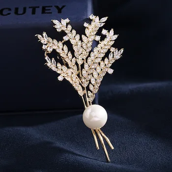 Trendy Zlatej Pšenice Uši Bouttoniere Pre Ženy Cubic Zirconia Vyhovovali Corsage Šperky Romantický Darček 2021 Módne Brošne Kolíky