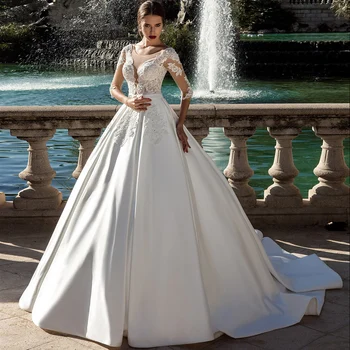 Luxusné Plesové Šaty, Weddding Šaty Appliqued Prehodil Luk Lištovanie Elegantné Dlhé Polovičný Rukáv Ilúzie 2020 Svadobné Šaty