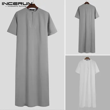 INCERUN Pohodlné Islamskej Saudskej Oblečenie Mužov Šaty Krátke Rukáv V Krku Moslimských Kaftane Rúcha Farbou Zips Jubba Thob 5XL7