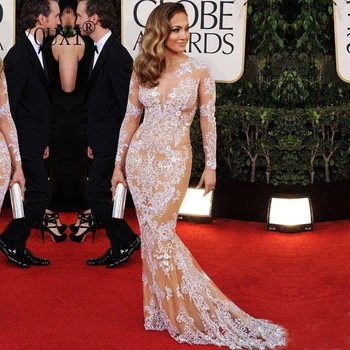 Jennifer Lopez Dlhé Večerné Šaty Tylu Appliqued Dlhý Rukáv Sexy Morská panna Súd Vlak Formálne Večerné Šaty Župan de Soiree