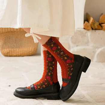 1 Pár Vintage štýl, etnický štýl zimné dámske a dievčenské teplé ponožky Tlač kvet bavlnené ponožky Zábavné ponožky Harajuku Roztomilé Ponožky