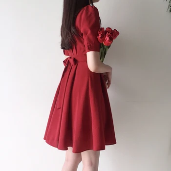 Letné Vintage Hepburn Štýl Červené Šaty na Leto tvaru Temperament Pás-Riadený Chudnutie francúzsky Štýl Kikyou Sukne pre Dievčatá
