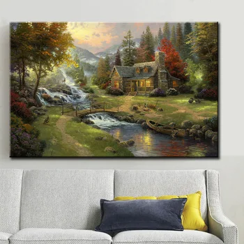 Thomas lesa vodopád dom krajiny plátno tlač olejomaľba tlačené na bavlnené č rám domov wall art decoration obrázok