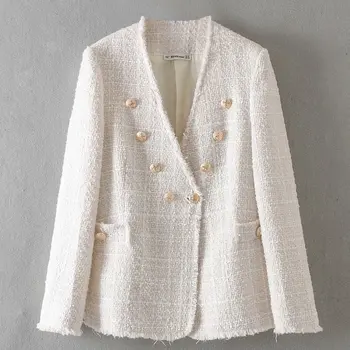 Ženy elegantný biely kabát dvojité breasted V krku tlačidlá bunda office nosiť žena bežné outwear top blusas
