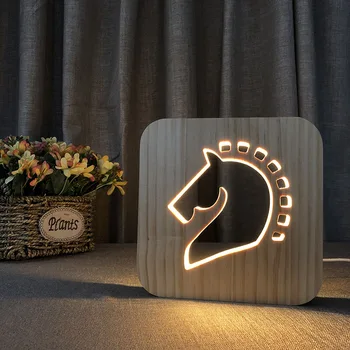 Kôň 3D Drevené Stopy Tieň LED Dreva USB Stôl Nočné Svetlo Kresťanstva Kríž Remesiel Stolové Lampy Darček Domáce Dekorácie