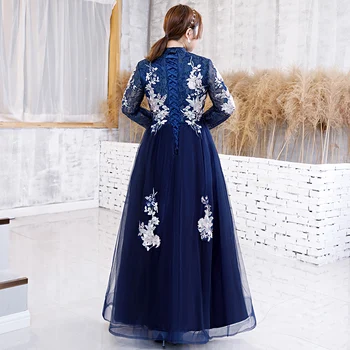 Skromný Dlhý Rukáv Večerné Šaty 2020 Elegantného tvaru V-line Podlahy-dĺžka Luxusné Appliques Námornícka Modrá Formálne Šaty Plus Veľkosť
