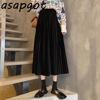 Nový Kórejský Elegantné Jeseň Slim Patchwork Temperament Black Velvet Skladaný Sukne Ženy Elastický Pás Vintage 4 Farebné Zimné Faldas