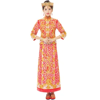 Kantonský Výšivky zobraziť oblečenie Zlato, striebro dragon Phoenix šaty Šaty Šaty na jar Jeseň Čínsky štýl, svadobné večerné šaty