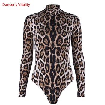 Brušný Tanec Telo Vyhovovali Leopard Tlač Top Dlhý Rukáv Praxi Oblečenie dospelé Samice Elegantné Onesie Výkon Oblečenie