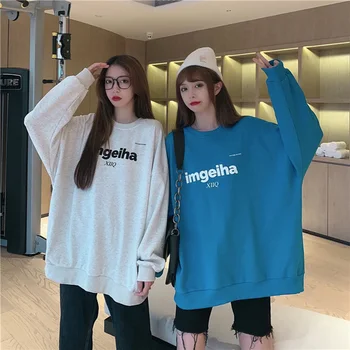 2020 nové kórejská Verzia Voľné Jednoduché, Bežné Hip-hop Tlač Modrá Dlhým rukávom Pulóver Mikina Žien Top Trend